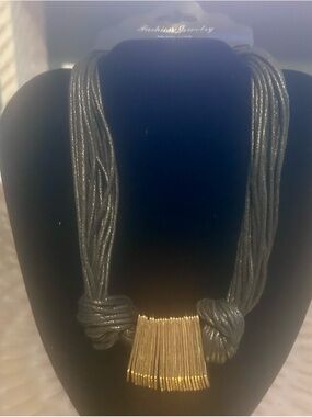 Fashion Jewelry Black Multi-Strand Cord Necklace with Gold Fringe